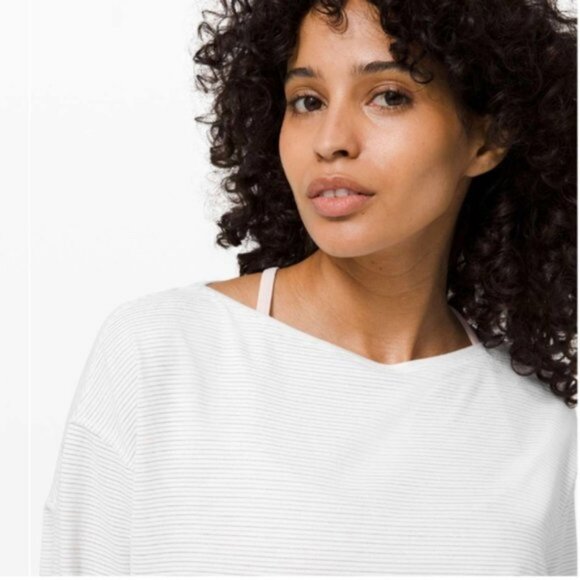 Lululemon Back in Action Long Sleeve Shirt *Shine Shine Stripe White Gold - Picture 4 of 10